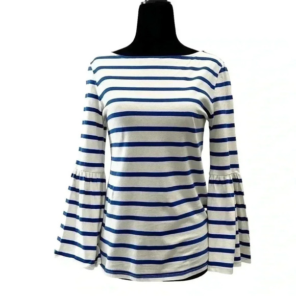 Banana Republic Bell Sleeve Top Supima Cotton Stripes White & Blue XS - Picture 2 of 16